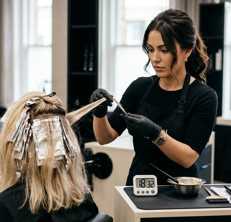 Colorista profesional revisando el cabello durante el procesamiento con temporizador visible