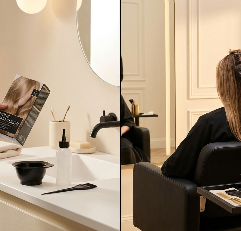 Imagen dividida comparando coloración capilar en casa vs salón profesional: baño con tinte de caja a la izquierda, sillón de salón con herramientas profesionales a la derecha