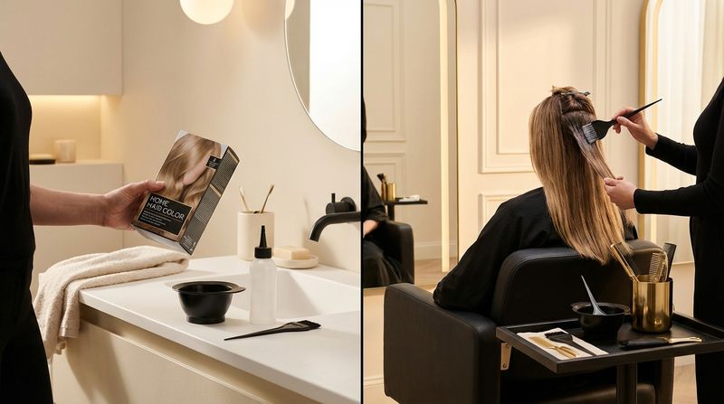 Split image comparing home hair coloring vs professional salon — bathroom DIY setup on the left, professional salon chair with colorist tools on the right