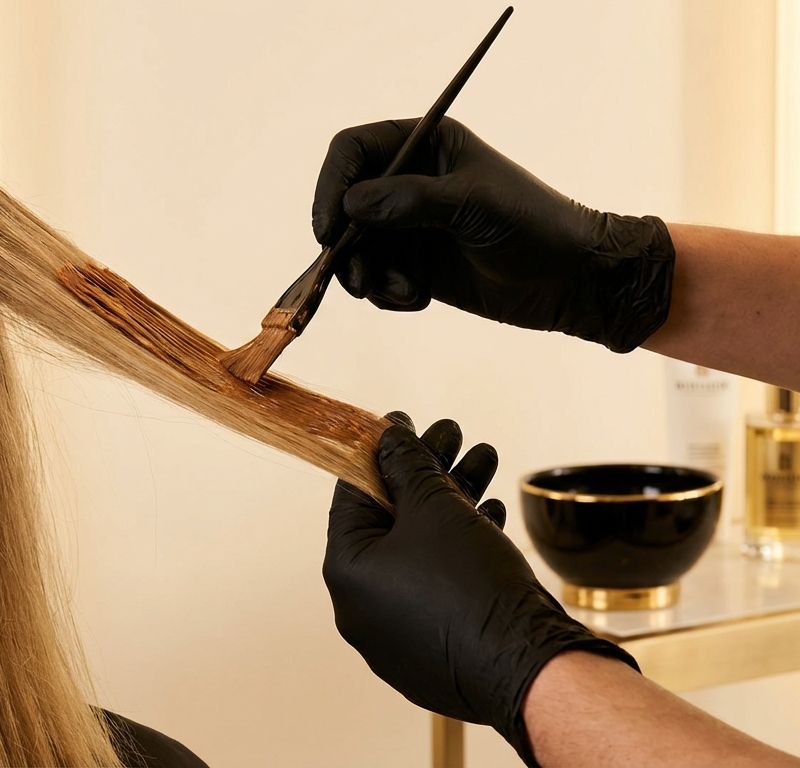 Manos de colorista profesional aplicando tinte con pincel de precisión en salón moderno
