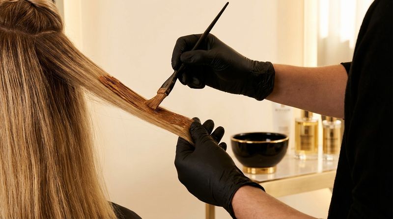 Close-up of professional colorist hands applying hair color with a precision brush in a modern salon setting