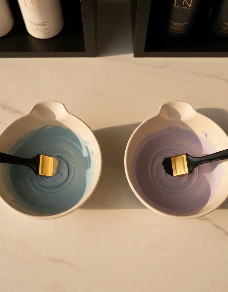 Dos boles de mezcla comparando toner con pigmento azul (izquierda) y toner con pigmento violeta (derecha) sobre superficie de mármol crema