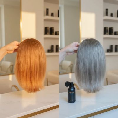 Colorista profissional aplicando toner azul acinzentado sobre cabelo com tons laranja após descoloração, resultado antes e depois