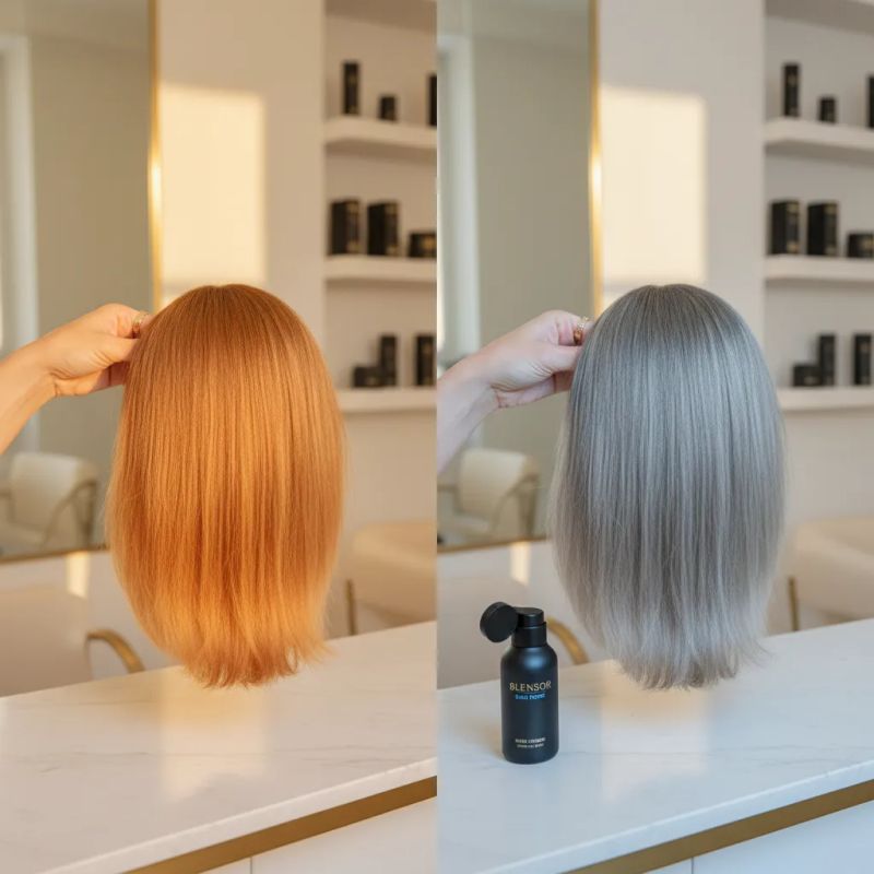 Colorista profissional aplicando toner azul acinzentado sobre cabelo com tons laranja após descoloração, resultado antes e depois