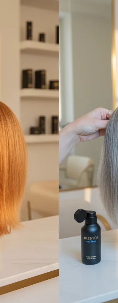 Colorista profesional aplicando toner azul ceniza sobre cabello con tonos naranjas tras decoloración, resultado antes y después