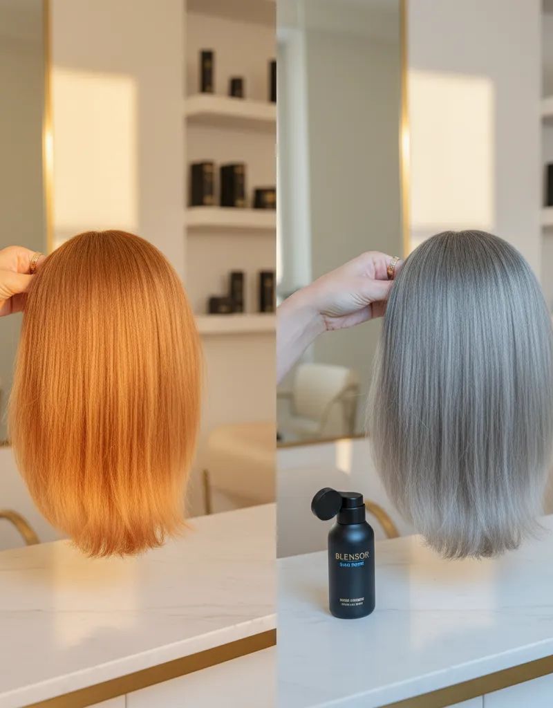 Colorista profesional aplicando toner azul ceniza sobre cabello con tonos naranjas tras decoloración, resultado antes y después