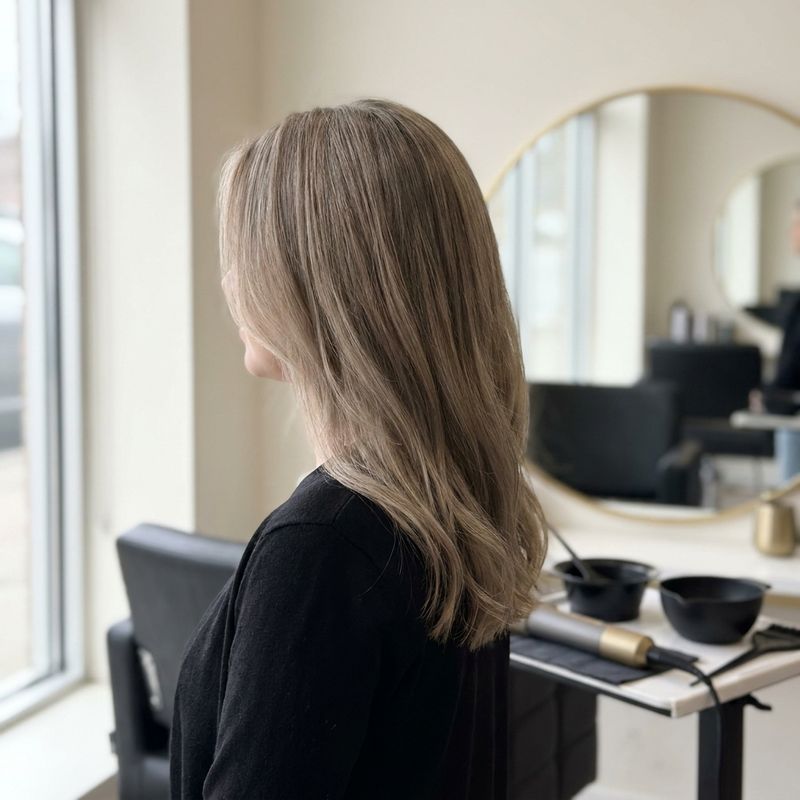 Cabelo castanho-loiro visto de perfil junto a uma janela do salão, com o fundo alaranjado já neutralizado num bege frio após o toner azul
