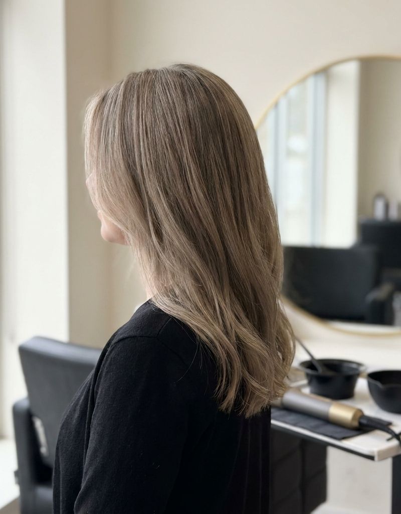 Melena castaña-rubia vista de perfil junto a una ventana de salón, con el fondo naranja ya neutralizado a un beige frío tras el toner azul