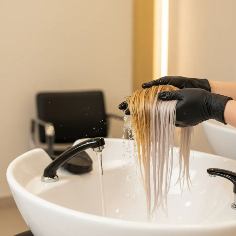 Cabelo descolorado sendo enxaguado no lavatório de salão profissional, mostrando a transição de amarelo bronze a louro frio tonalizado