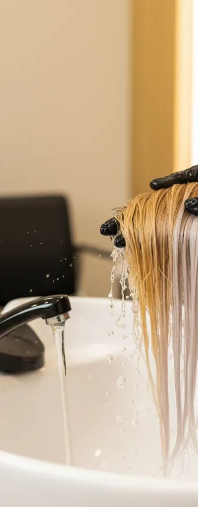Cabello decolorado siendo aclarado en lavacabezas de salón profesional, mostrando la transición de amarillo bronce a rubio frío tonalizado