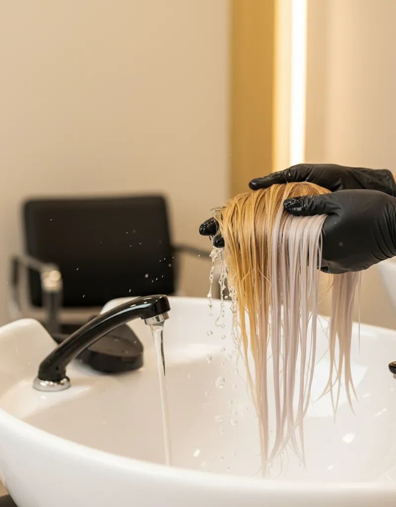 Cabello decolorado siendo aclarado en lavacabezas de salón profesional, mostrando la transición de amarillo bronce a rubio frío tonalizado