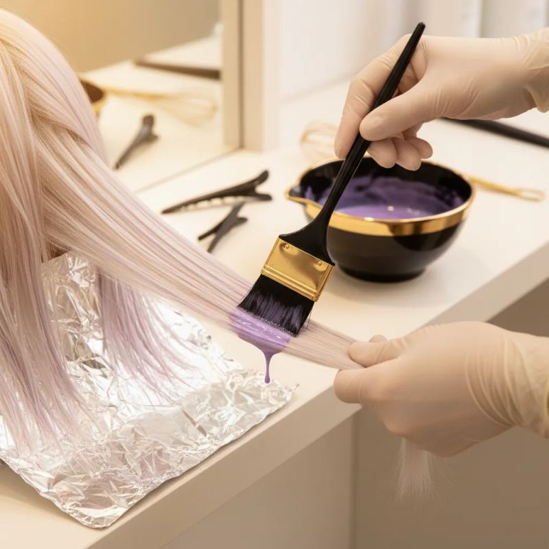 Mãos profissionais com luvas aplicando toner violeta com pincel sobre seções de cabelo descolorado com papel-alumínio, tigela de mistura visível no posto de trabalho do salão