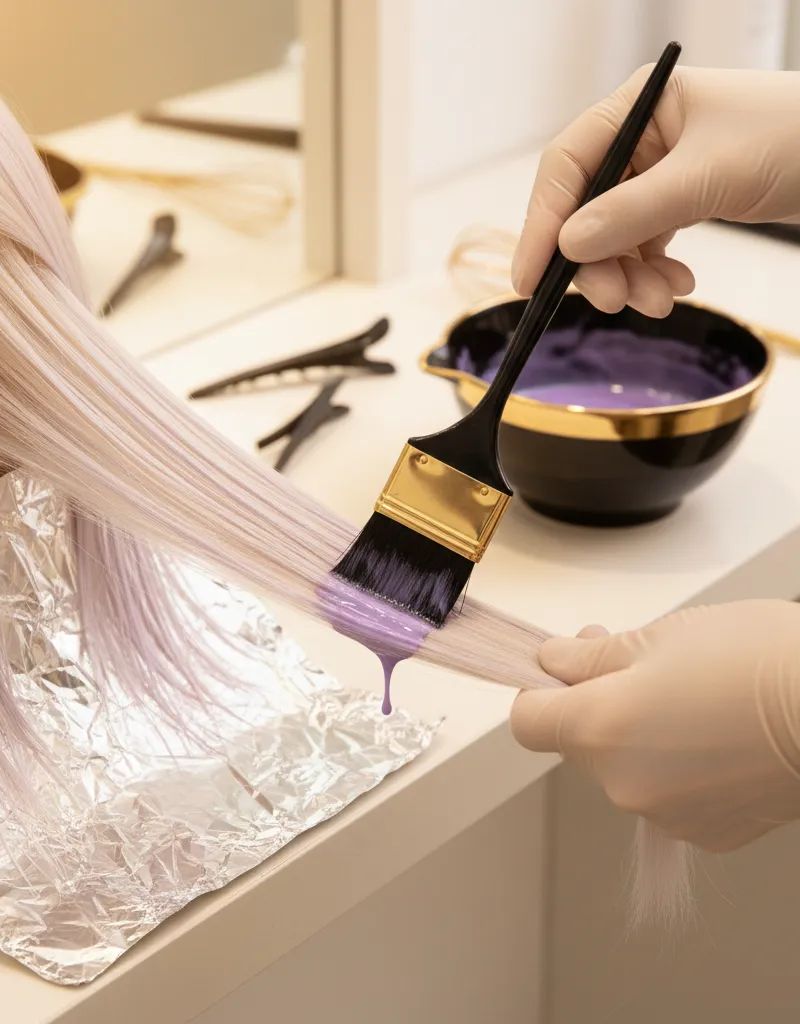 Manos profesionales con guantes aplicando toner violeta con brocha sobre secciones de cabello decolorado con papel aluminio, cuenco de mezcla visible en el puesto de trabajo del salón
