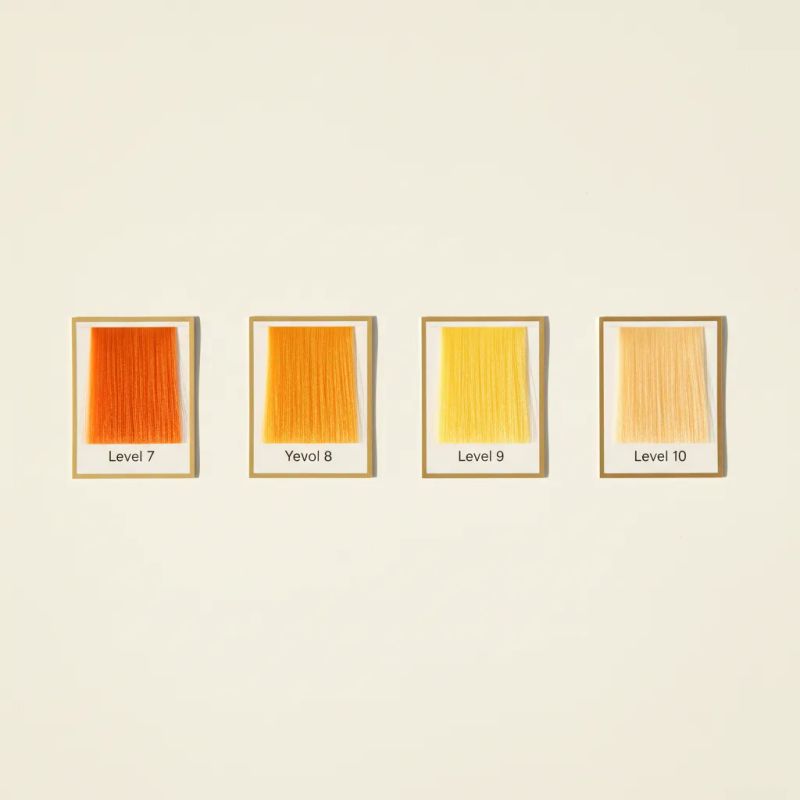 Amostras de cabelo mostrando os fundos de clareamento por nível: laranja (nível 5-6), amarelo-laranja (nível 7-8), amarelo (nível 9) e amarelo pálido (nível 10)
