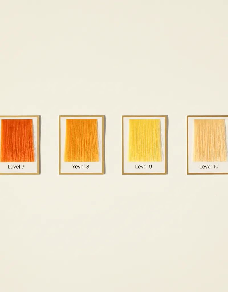Muestras de cabello mostrando los fondos de aclaración por nivel: naranja (nivel 7), amarillo-naranja (nivel 8), amarillo (nivel 9) y amarillo pálido (nivel 10)
