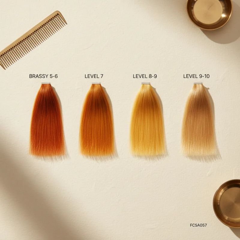 Quatro tipos de laranja em cabelo loiro: da esquerda para a direita, laranja intenso (nível 5-6), laranja-amarelo (nível 7), amarelo quente (nível 8-9) e dourado suave (nível 9-10)