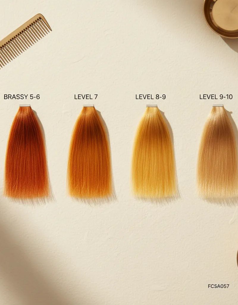 Cuatro tipos de brassiness en cabello rubio: de izquierda a derecha, naranja intenso (nivel 5-6), naranja-amarillo (nivel 7), amarillo cálido (nivel 8-9) y dorado suave (nivel 9-10)