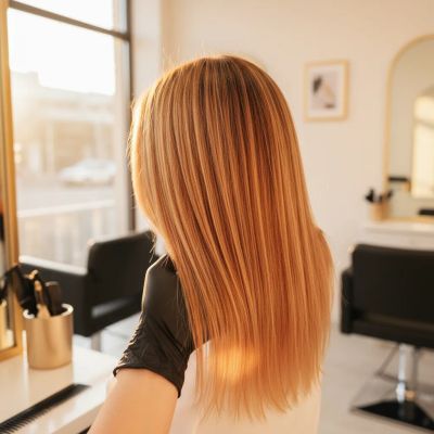 Colorista profissional aplicando toner sobre cabelo loiro com tons alaranjados, mostrando o processo de neutralização no salão