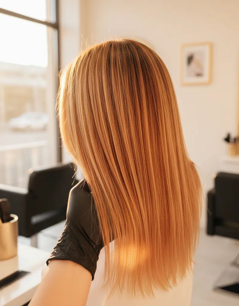 Colorista profesional aplicando toner sobre cabello rubio con tonos anaranjados, mostrando el proceso de neutralización en salón