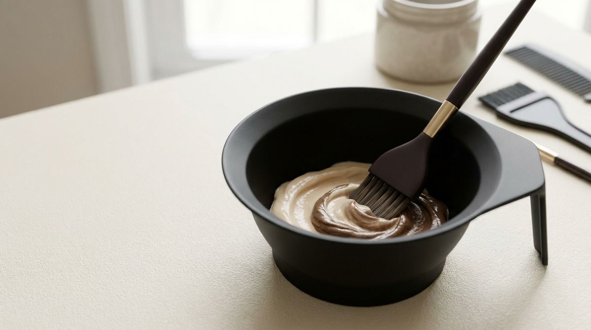 Bowl de mistura com dois cremes de tinta se misturando com um pincel profissional
