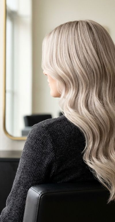Mechones de cabello rubio perla satinado con distintos grados de desvanecimiento, fotografiados en salón profesional