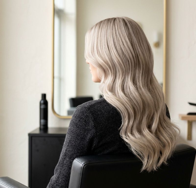 Mechones de cabello rubio perla satinado con distintos grados de desvanecimiento, fotografiados en salón profesional