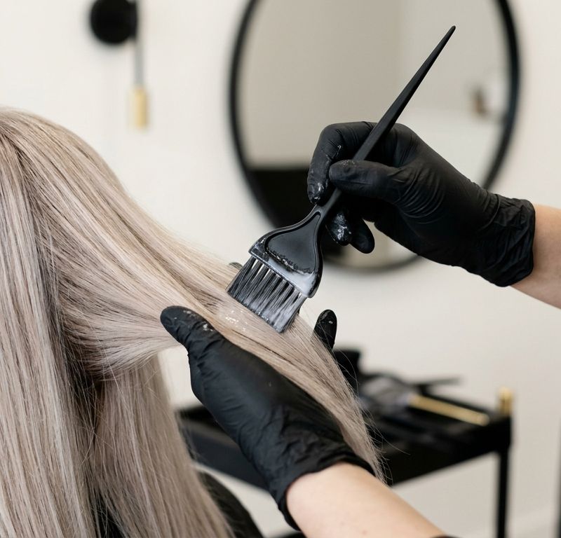 Profesional aplicando un gloss de recarga de bajo volumen sobre cabello rubio perla
