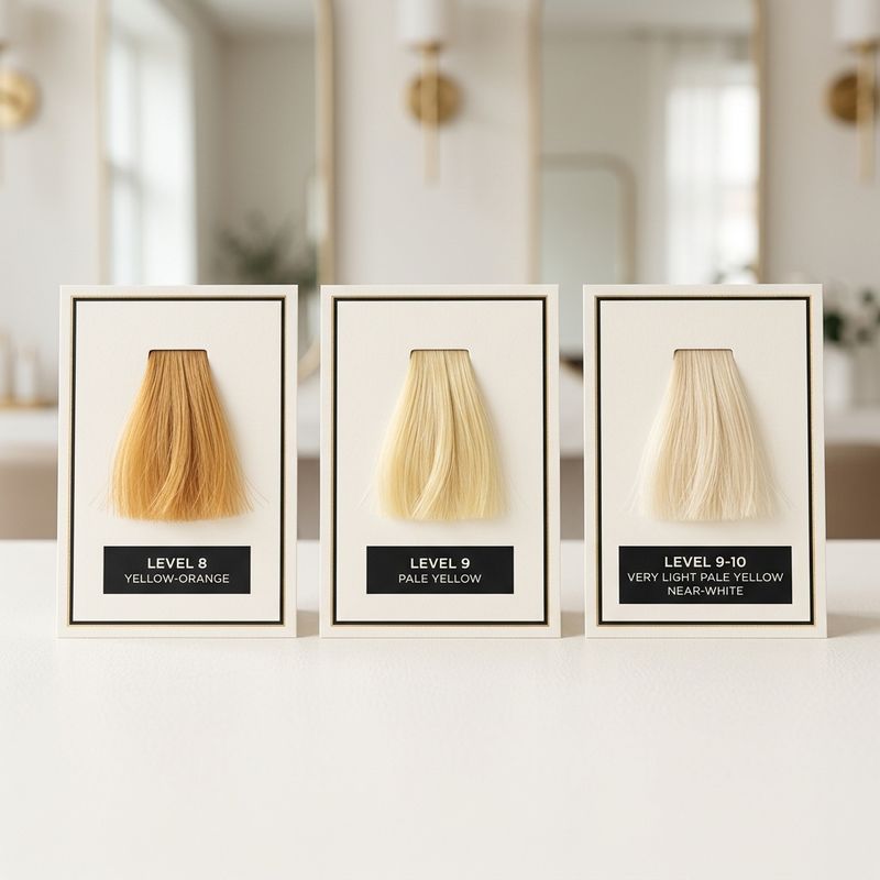 Three underlying pigment zones compared: roots yellow-orange, mid-lengths pale yellow, ends very light yellow