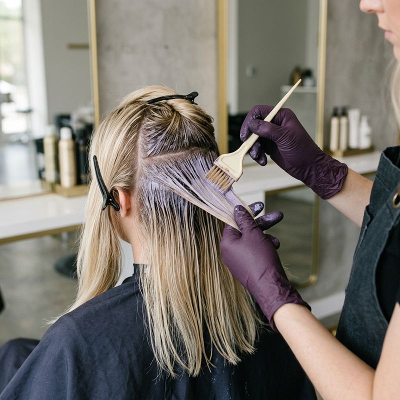 Zone-by-zone toner application on blonde hair, professional gloved hands in salon setting