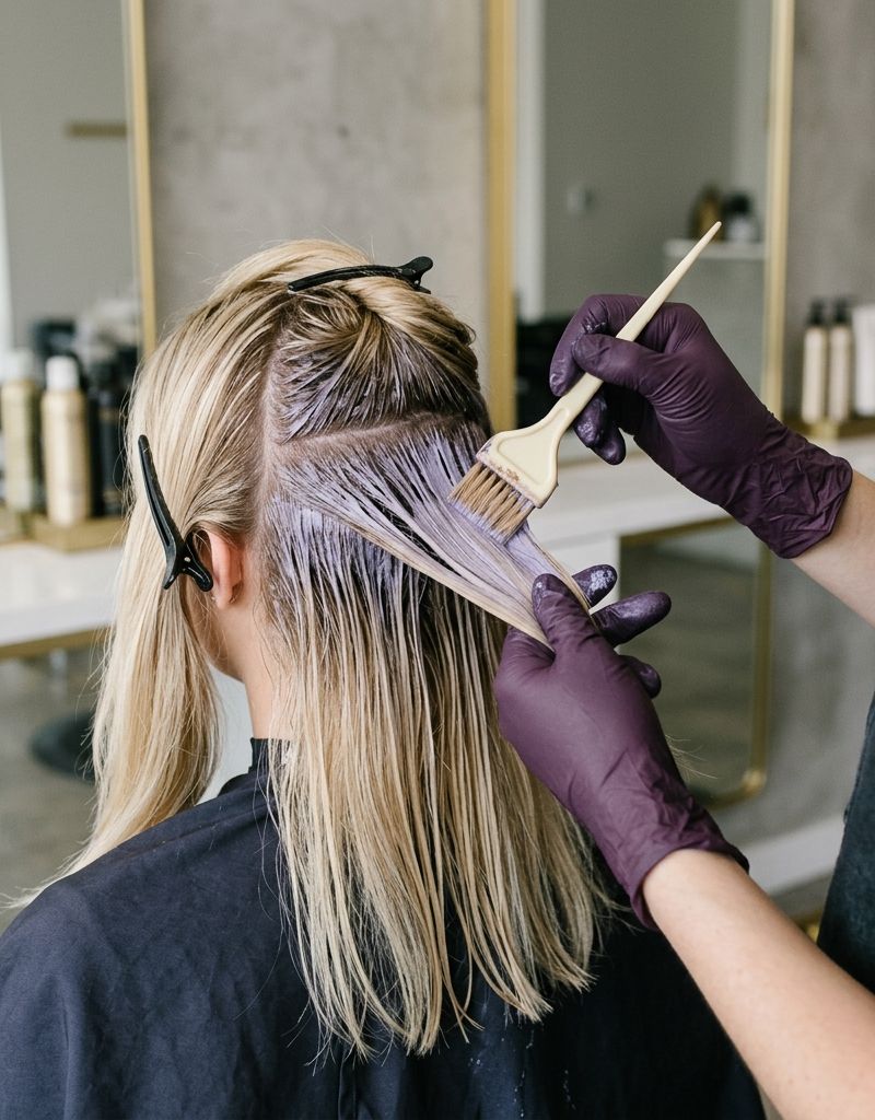 Aplicación de matiz diferenciado por zonas en cabello rubio, con guantes profesionales en salón