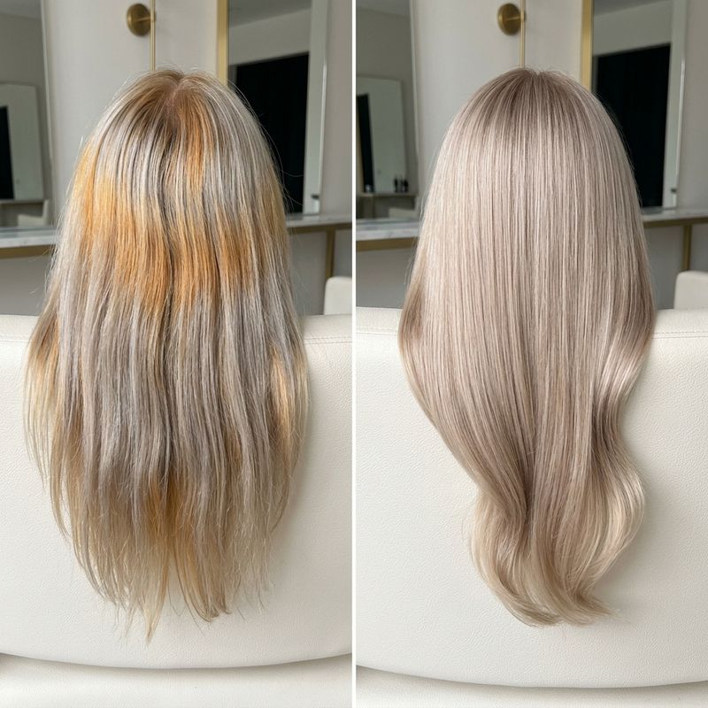 Comparison of patchy velvet blonde with warm roots versus even satin velvet blonde