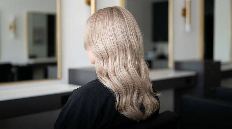 Cabelo velvet blonde acetinado em tom champanhe pérola, fotografado de costas em salão premium com luz lateral suave