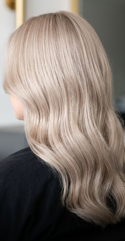 Cabello velvet blonde satinado en tono champagne perla, fotografiado de espaldas en salón premium con luz lateral suave