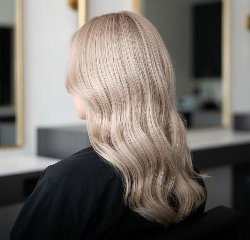 Velvet blonde satin hair in champagne pearl tone, photographed from behind in a premium salon with soft side lighting