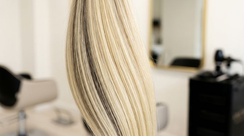Detalhe macro de um fundo de descoloração amarelo pálido, limpo e uniforme, em fios de cabelo loiro sob luz de salão