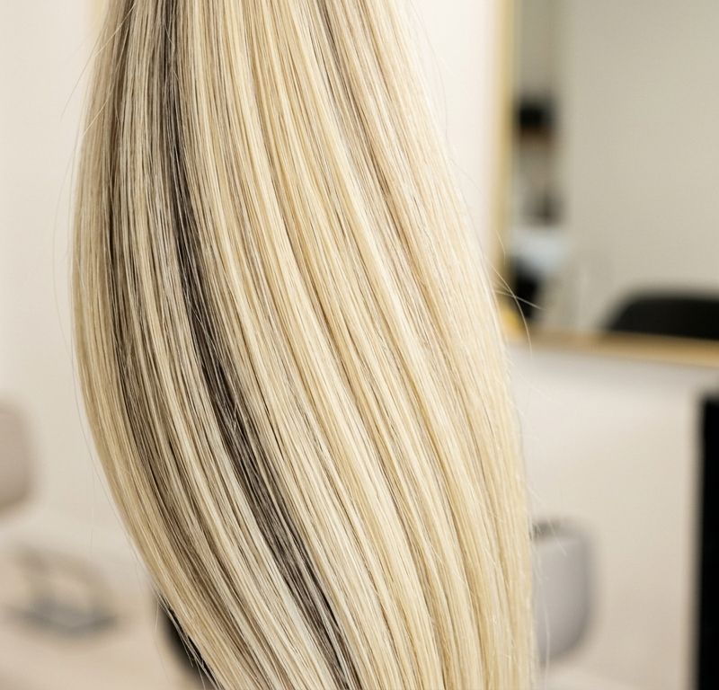 Macro detail of a clean, even pale yellow underlying pigment on blonde hair strands under salon light