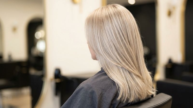 Cabelo loiro frio acetinado em tom champanhe pérola após uma matização bem resolvida, acabamento aveludado sob luz suave de salão