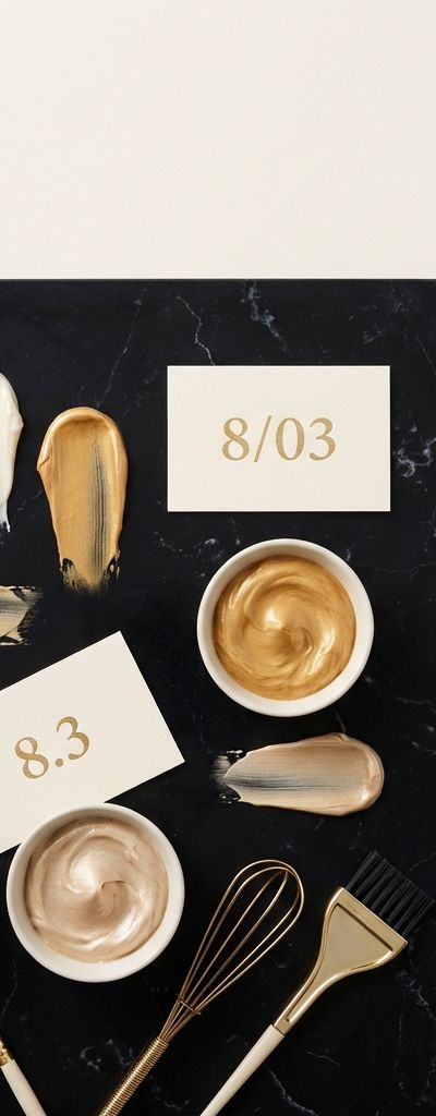 Fórmula de coloración warm golden blonde en paleta dorada y crema sobre fondo negro profundo, con códigos 8/03 y reflejos dorados nivel 8-9