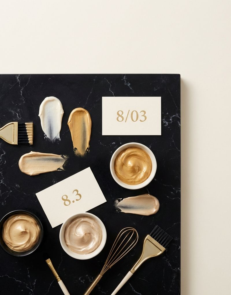 Fórmula de coloración warm golden blonde en paleta dorada y crema sobre fondo negro profundo, con códigos 8/03 y reflejos dorados nivel 8-9