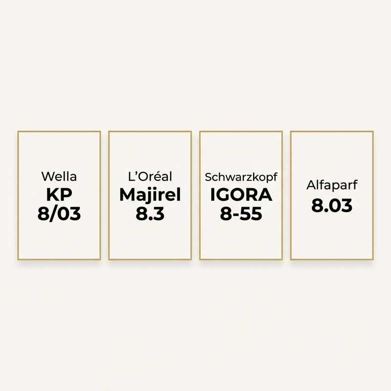 Tabela de equivalências cross-brand warm golden blonde: Wella KP 8/03, Majirel 8.3, IGORA 8-55, Revlon 8.3, Alfaparf 8.03 sobre fundo creme com tipografia dourada