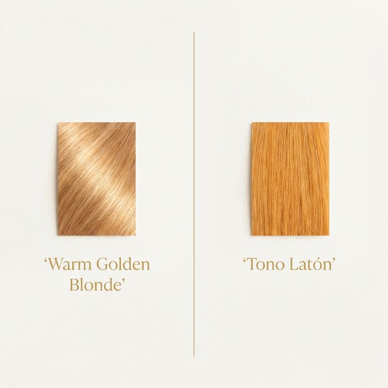 Comparação visual warm golden blonde (dourado luminoso, código 8/03) versus tom latão indesejado (amarelo-laranja saturado): duas amostras de cabelo lado a lado sobre fundo creme com etiquetas tipográficas douradas e pretas