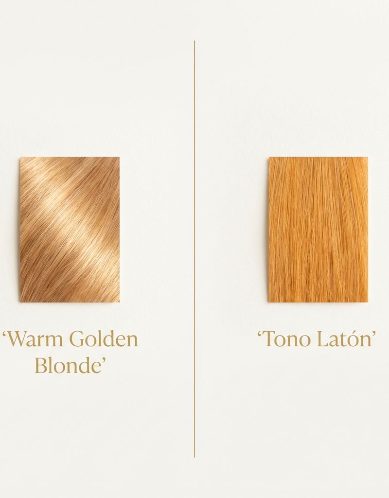 Comparación visual warm golden blonde (dorado luminoso, código 8/03) versus tono latón no deseado (amarillo-naranja saturado): dos muestras de cabello side-by-side sobre fondo crema con etiquetas tipográficas doradas y negras