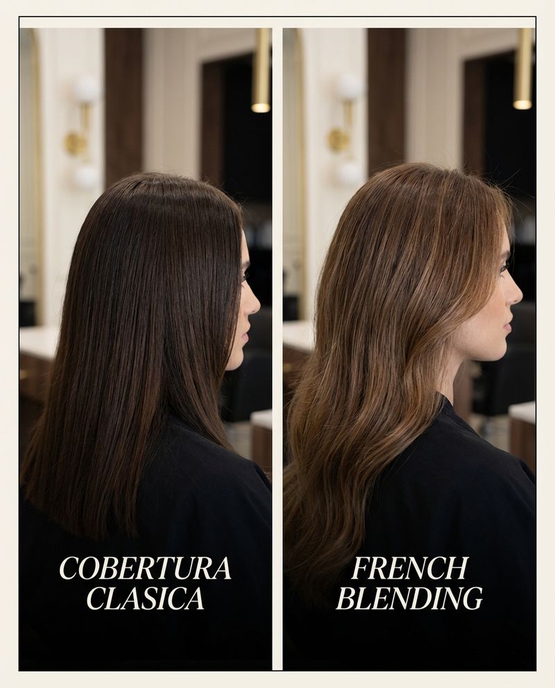 Comparação visual entre cobertura tradicional de fios brancos e técnica French Blending mostrando o efeito natural de integração