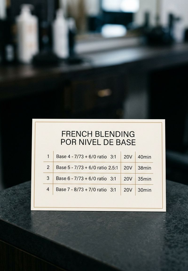 Tabla de fórmulas French Blending por nivel base con mezclas de tonos y tiempos de procesado