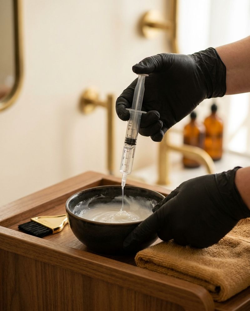 Gloved hands adding bond builder from a syringe into the bleach bowl
