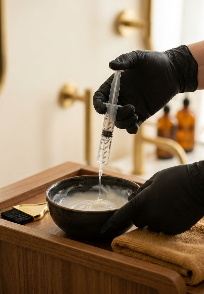 Gloved hands adding bond builder from a syringe into the bleach bowl