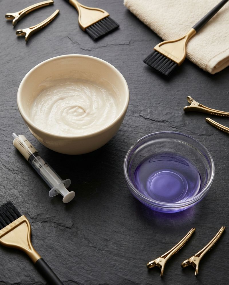 Bleach bowl with syringe and a separate dish of violet toner on a slate counter
