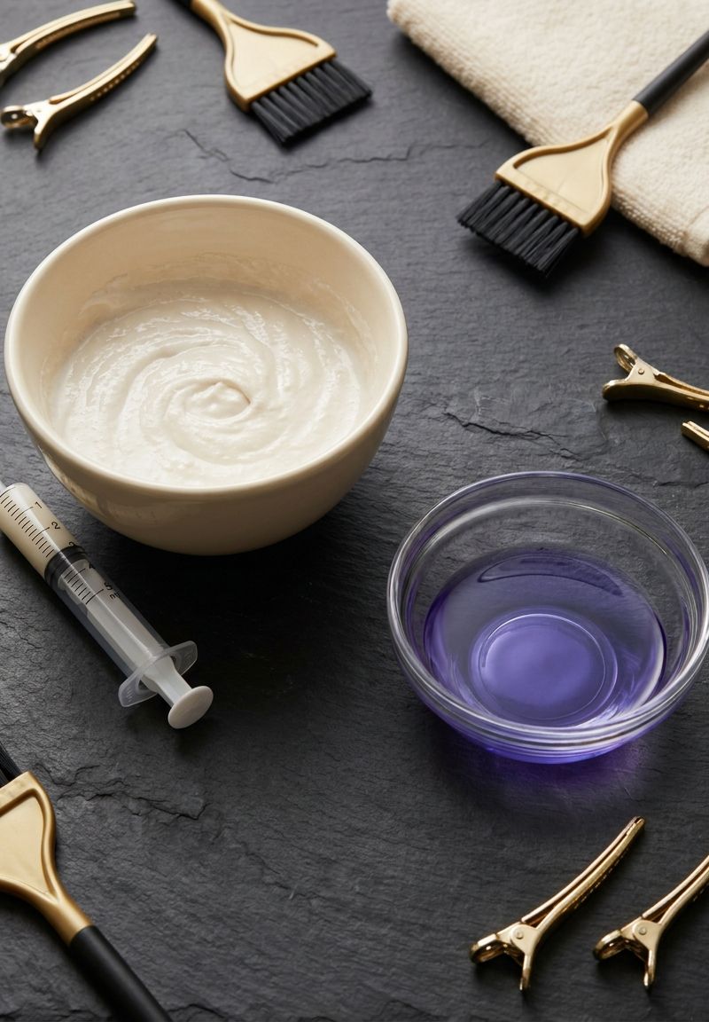 Bleach bowl with syringe and a separate dish of violet toner on a slate counter