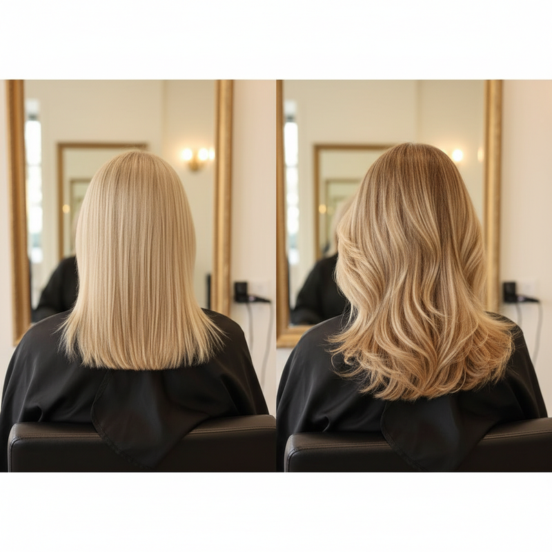 Comparison of flat blonde versus dimensional blonde with highlights and lowlights creating depth
