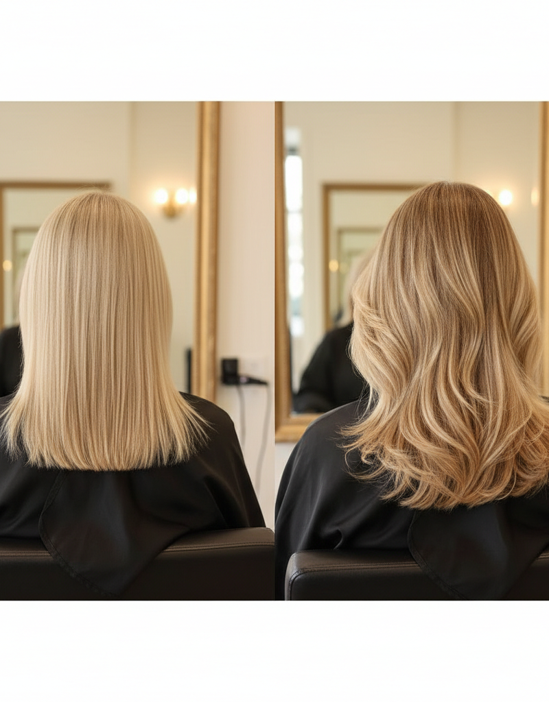 Comparación de rubio plano versus rubio dimensional con juego de luces y profundidades